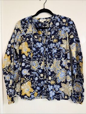 ELAN Navy Floral Cotton Blouse Medium Boho Paisley Button Front Long Sleeve